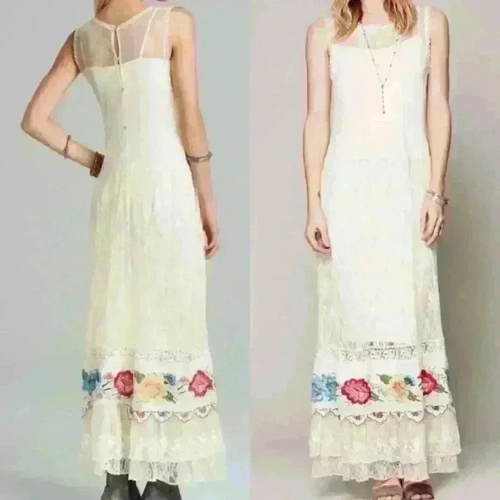 Free People Fiesta Fleur Slip Lace Embroidered Vintage Maxi Dress S/P